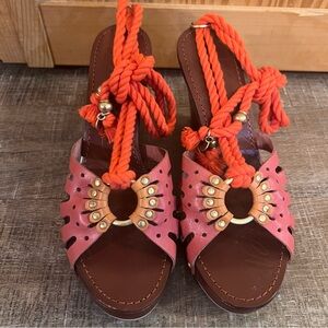 Ted Baker Leather Wedge Sandals Pink Coral Orange Brown Boho Nautical Tie Rope